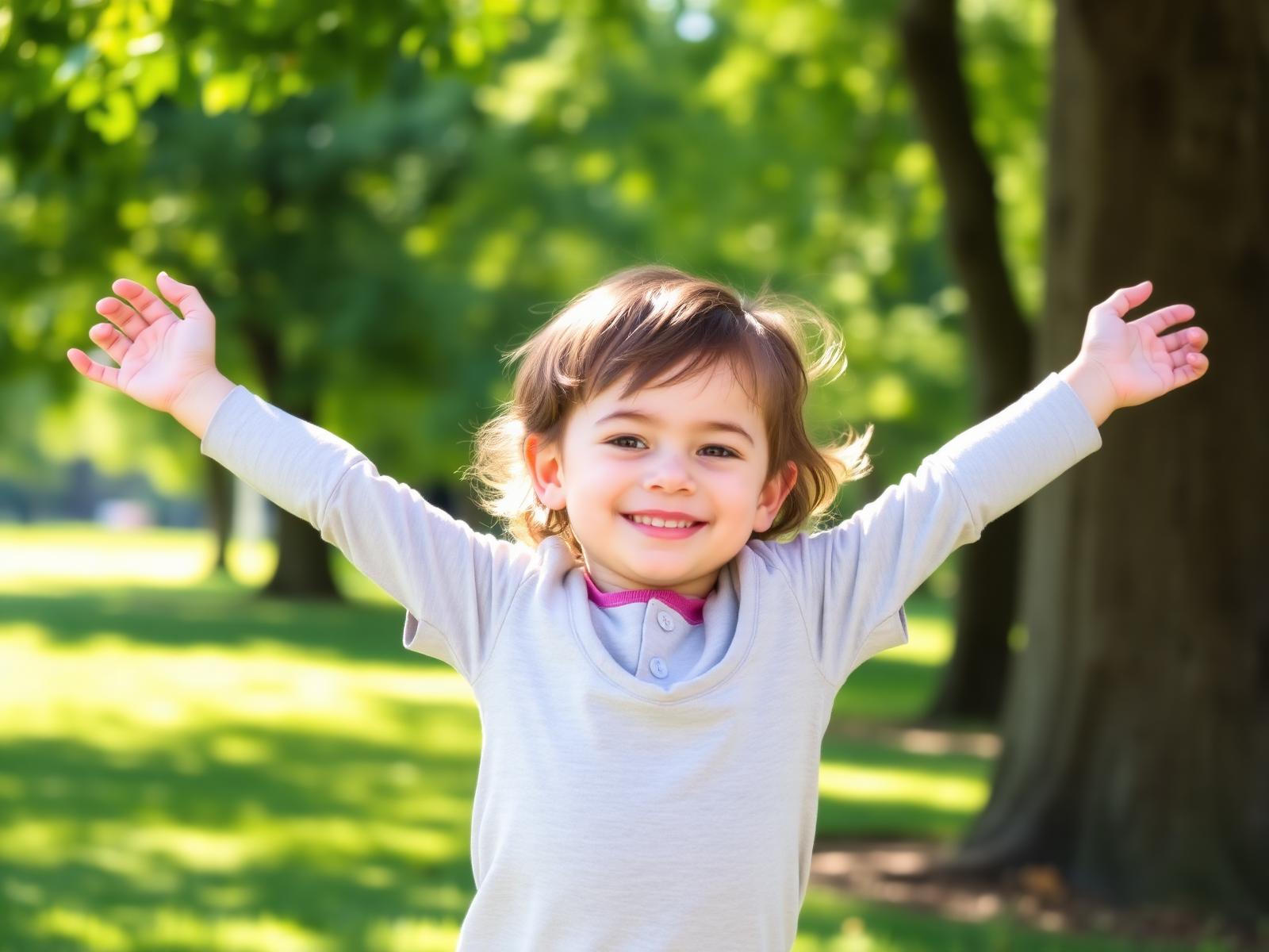 Child stretching happily in a sunlit park